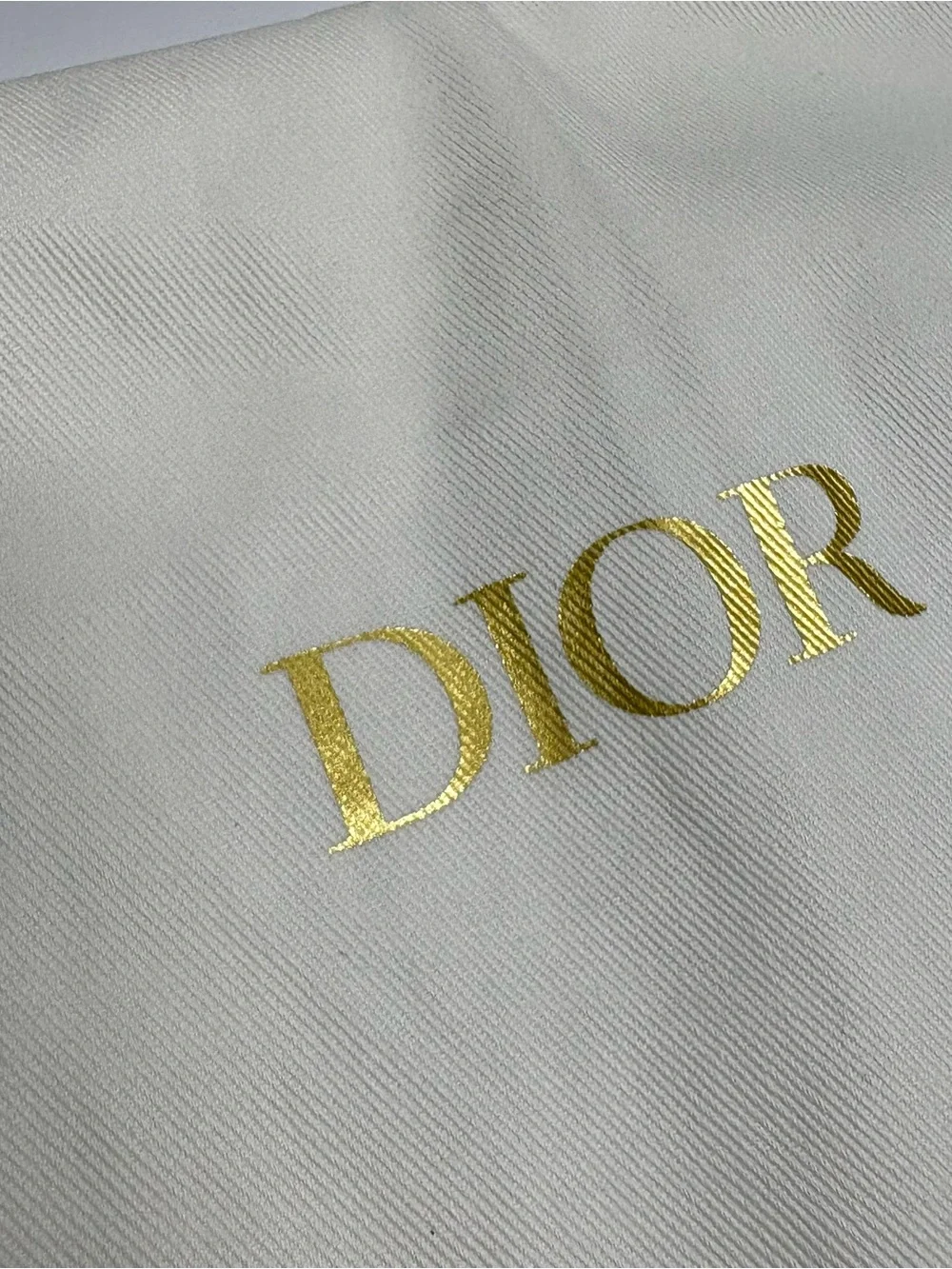 Dior White Satin Logo Dust Bag with Gold Print and Ribbon